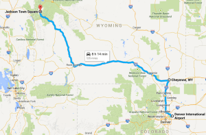 Leiðin sem ekin var á bílum frá Denver til Jackson.